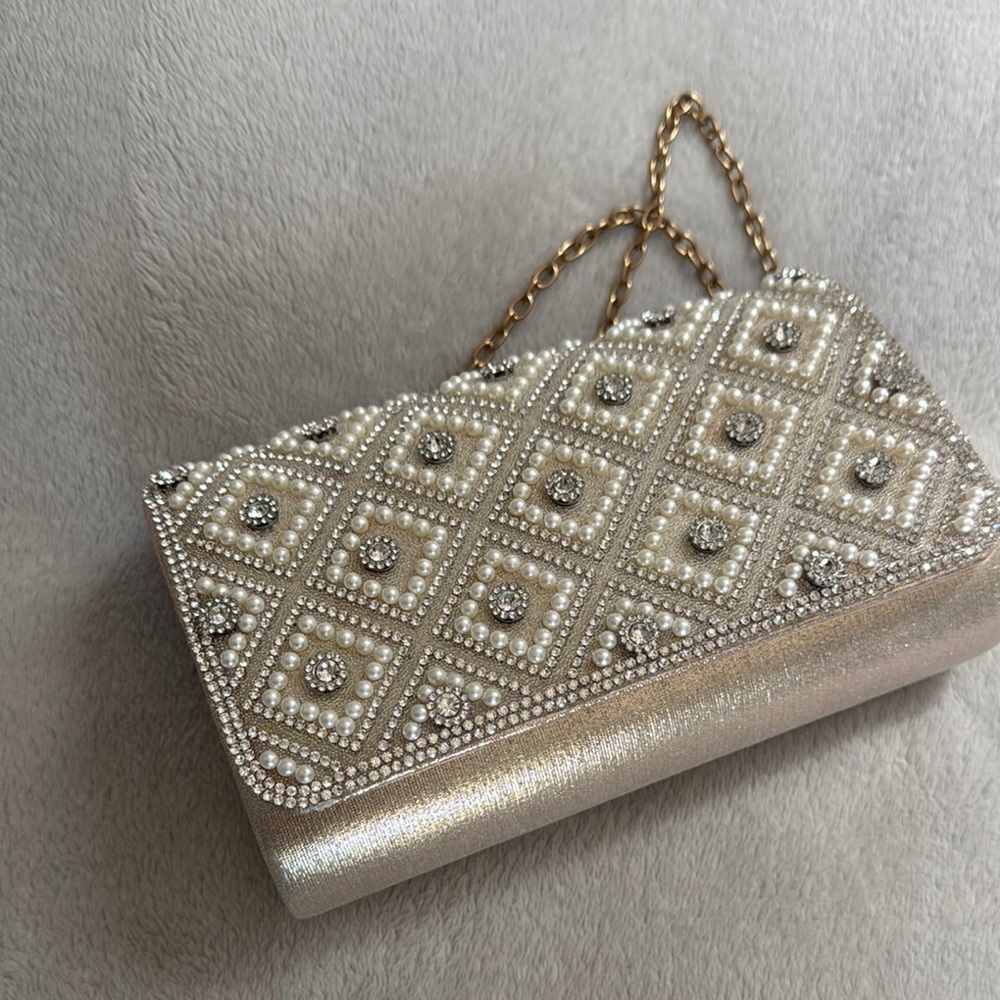 Elegant light Gold Beaded Clutch